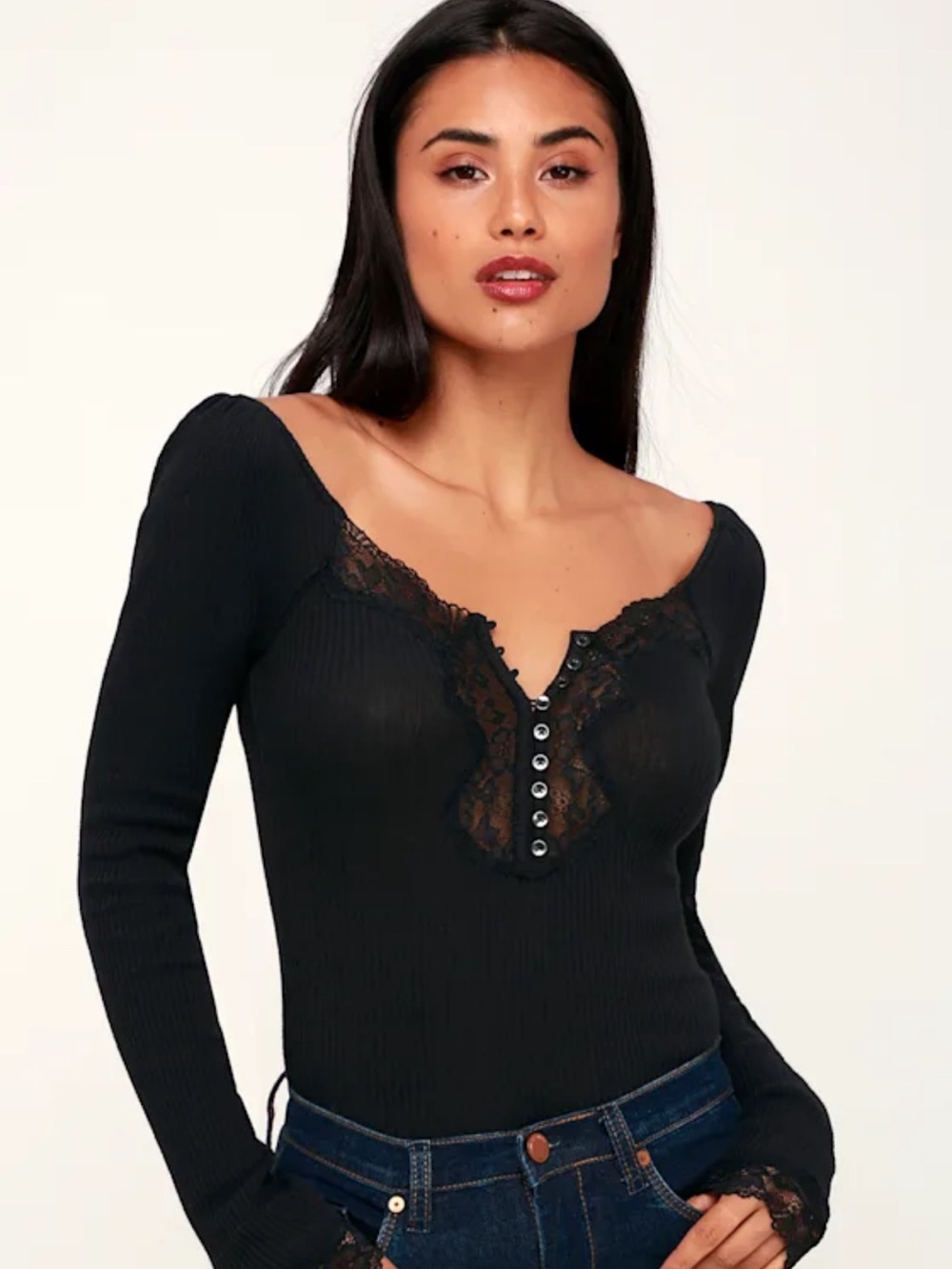 Free People Black Ribbed Lace-Trim Henley Top
